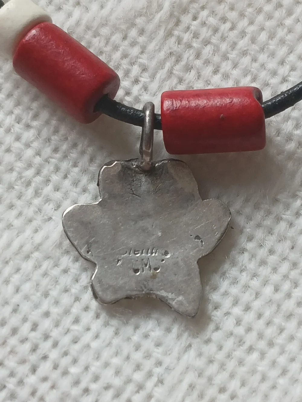 Sterling Silver Paw Pendant On Black Cord Necklace With White And Red Beads Vint